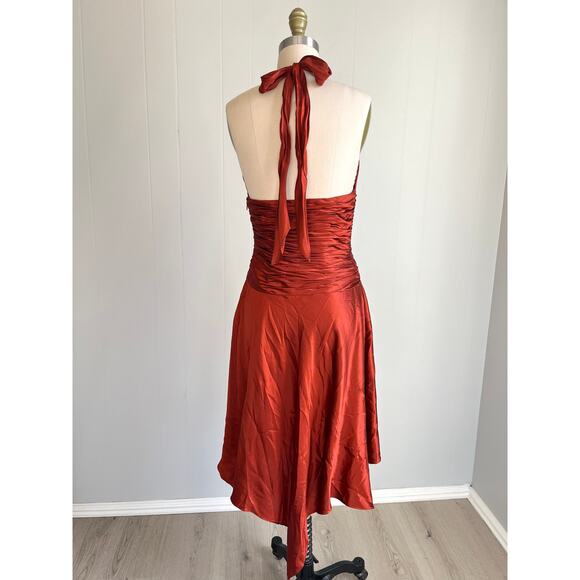 Vintage Y2K Cache Silk Ruched Dress 4 Burnt Orange Rust Asymmetric Fairy Halter - Picture 6 of 16